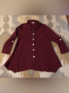 John Mark Wine Burgundy Tab Sleeve Tunic Top Lagenlook Sz Large EUC!